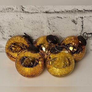 Vintage Gold Crackle Glass Ornaments Set of 5 Retro Christmas Decor